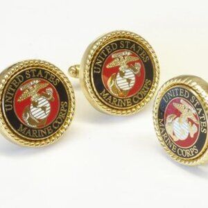 US MARINES CORP RED MILITARY LOGO / GOLD ROPE Bezel CUFF LINKS & LAPEL PIN